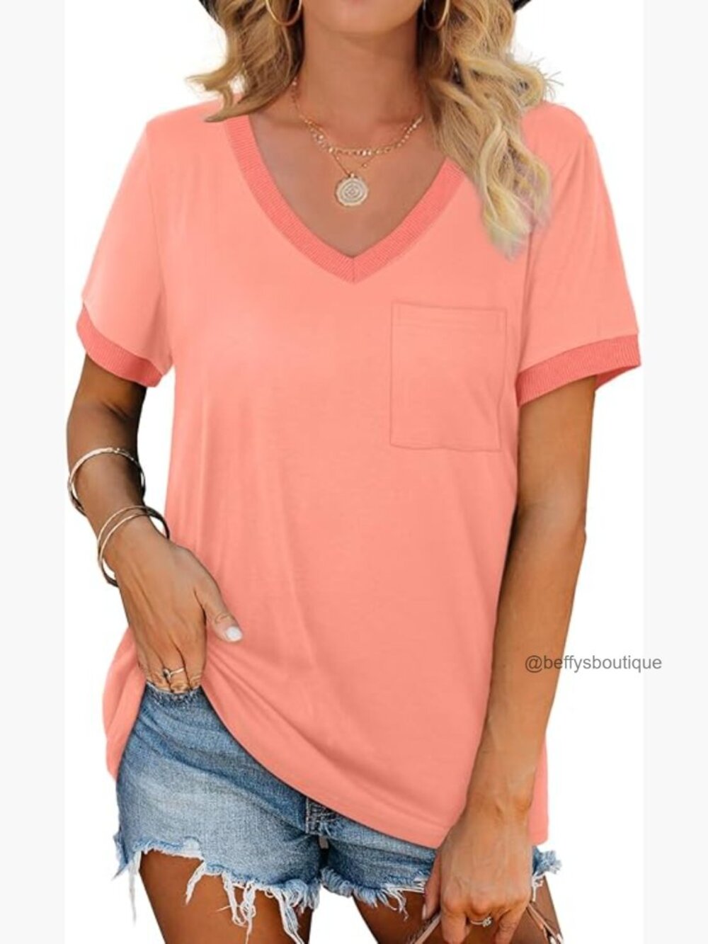 V Neck Short Sleeve Loose T Shirt with Pocket